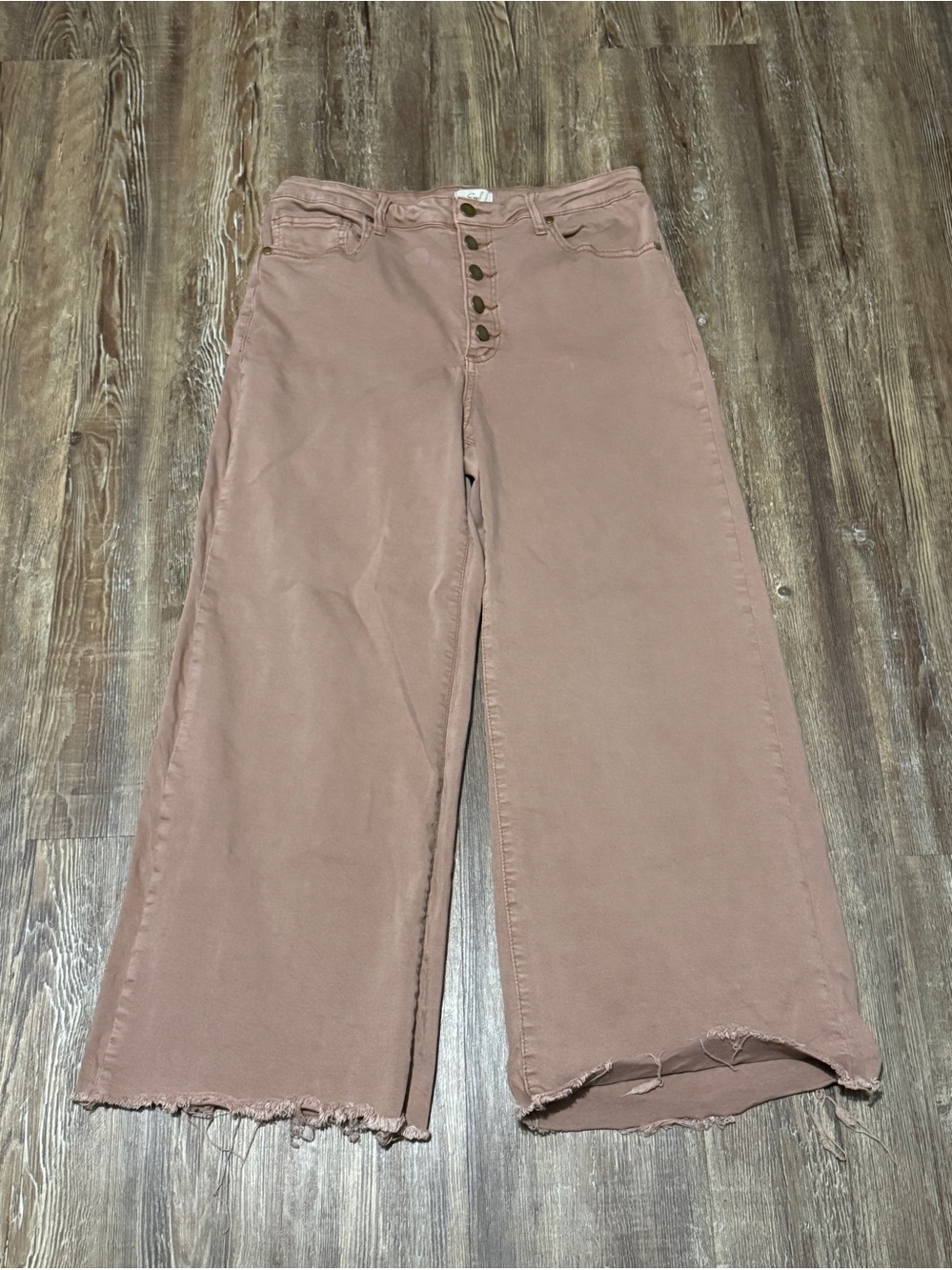 Easel Cropped Wide Leg Jeans Women's Large Frayed Hem Boho Button Fly in Mauve